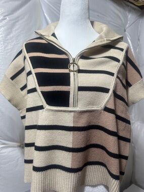entro Ribbed Short-Sleeve Knit Pullover in Cream, Light Pink & Black